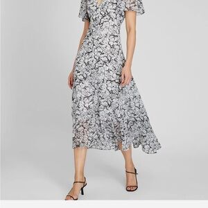 Club Monaco Black and White Flutter Sleeve Midi Dress 8 EUC